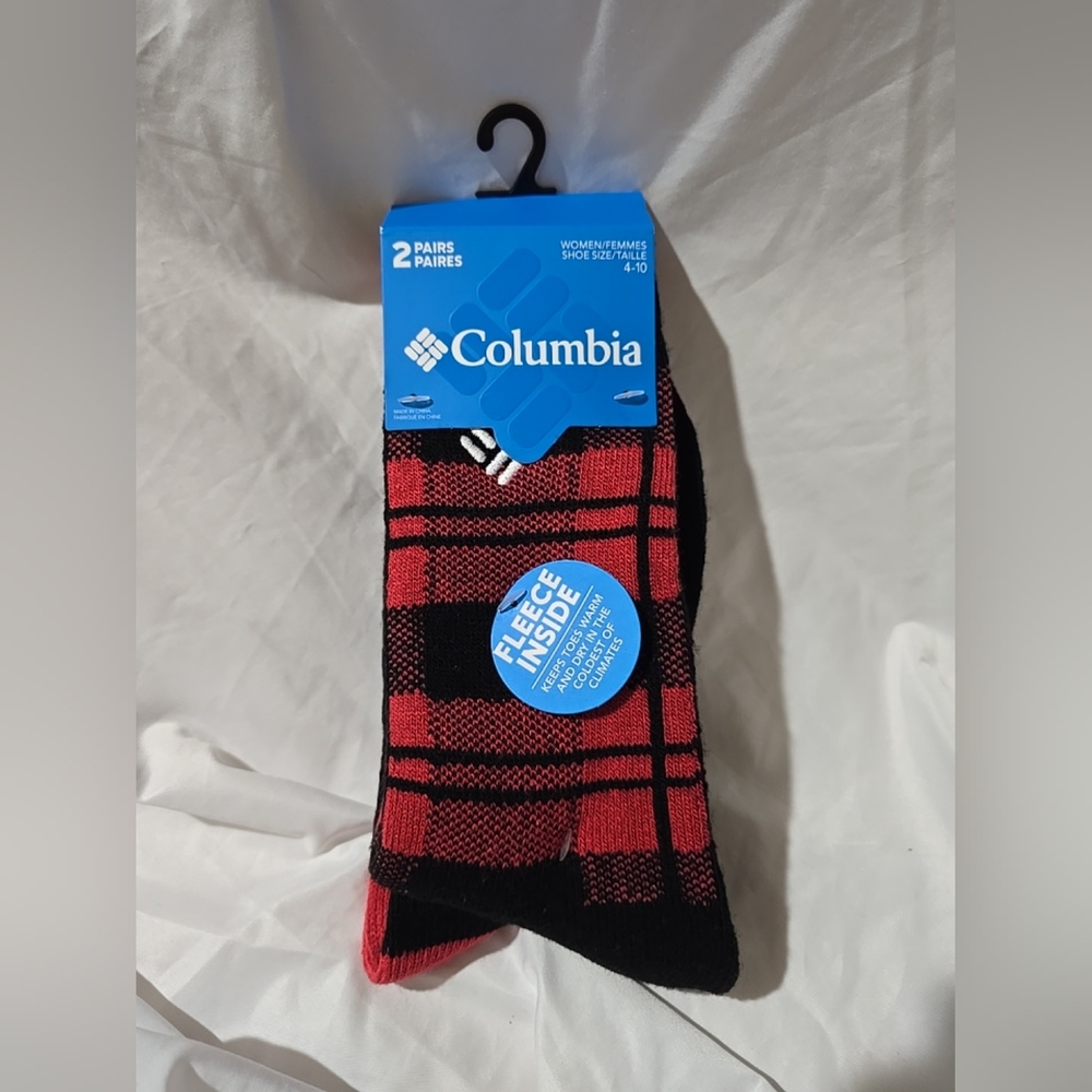 NWT Columbia Women's Fleece Inside Thermal Crew Socks 2Pk Plaid Pink-Red Black
